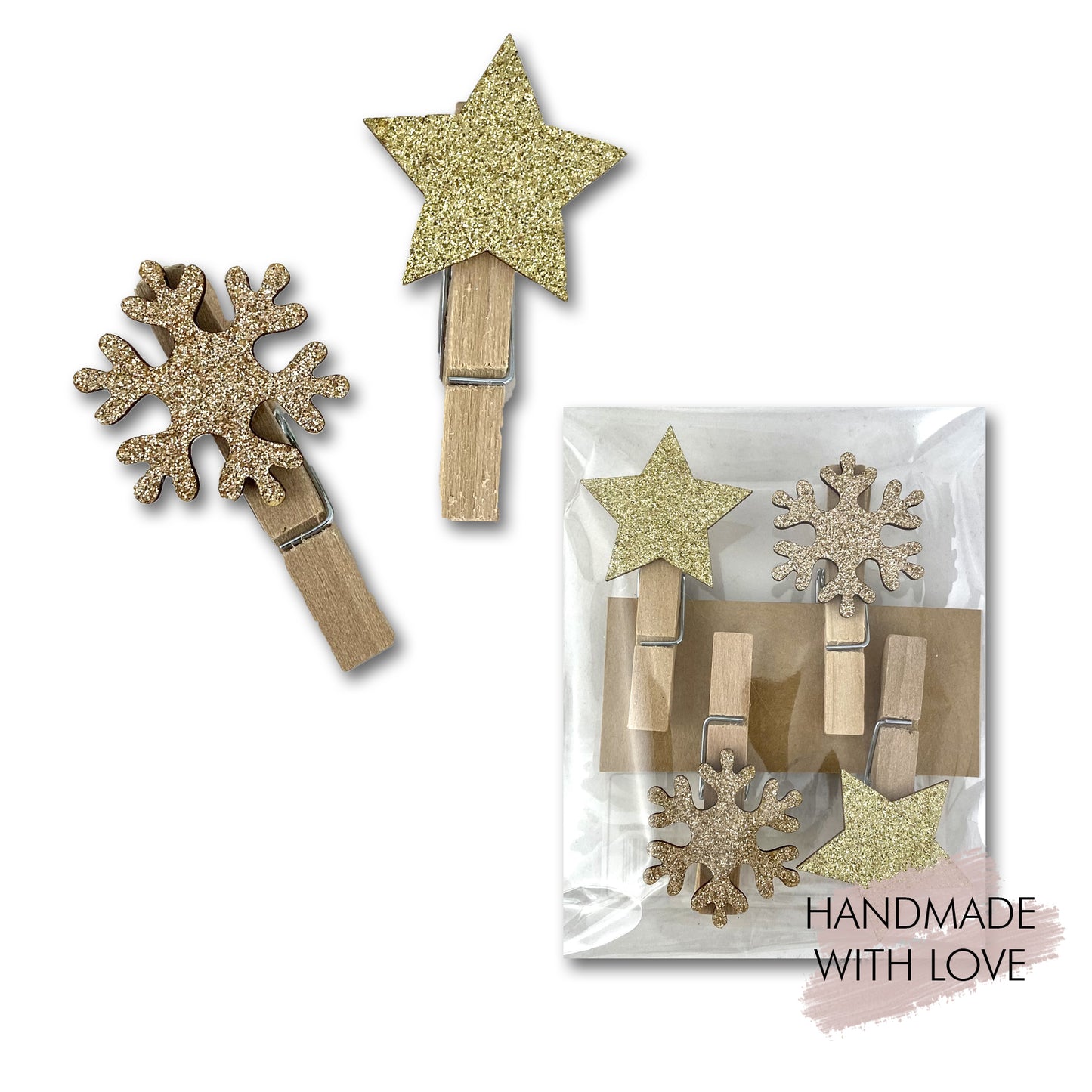 Geschenkklammern Sterne & Flocke 4er Set