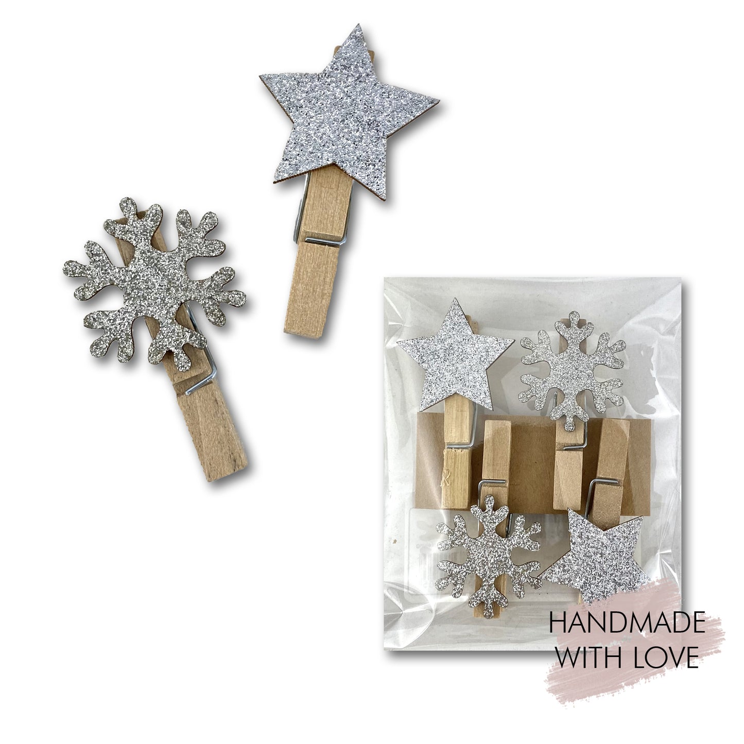 Geschenkklammern Sterne & Flocke 4er Set