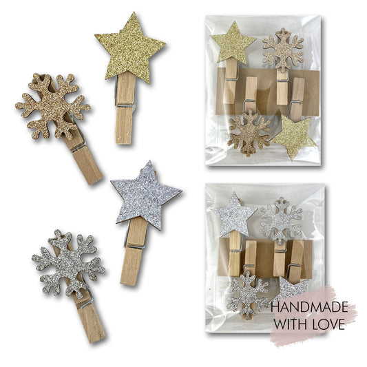 Geschenkklammern Sterne & Flocke 4er Set