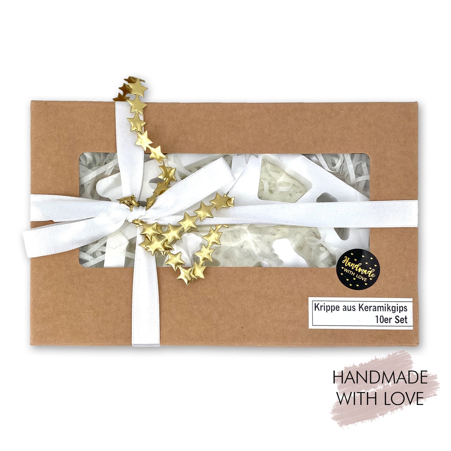 Kleine Krippe aus Keramikgips Weiß/Gold