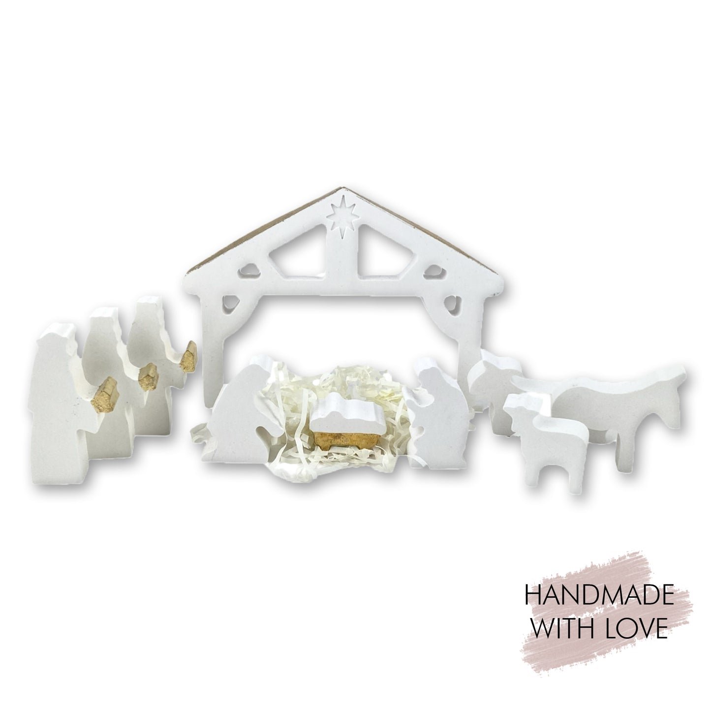 Kleine Krippe aus Keramikgips Weiß/Gold