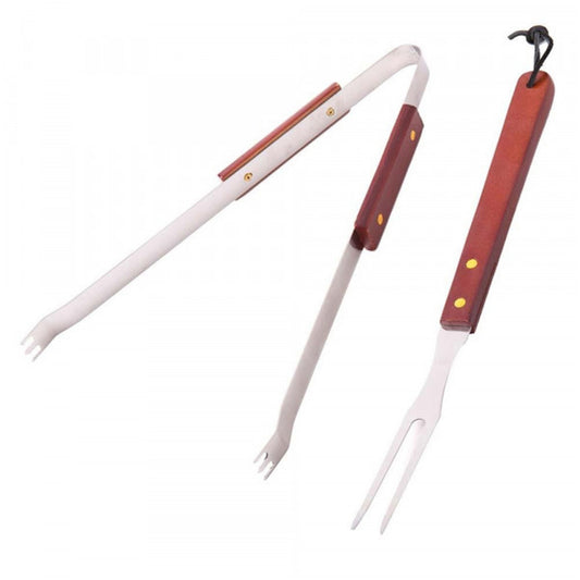 Barbecue tongs &amp; meat fork set of 2 with wooden handle