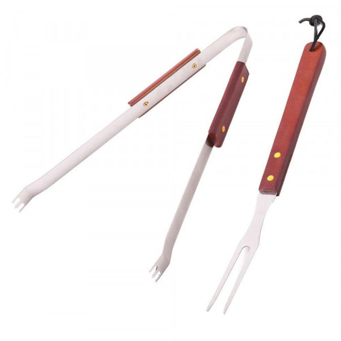 Barbecue tongs & meat fork set of 2 with wooden handle